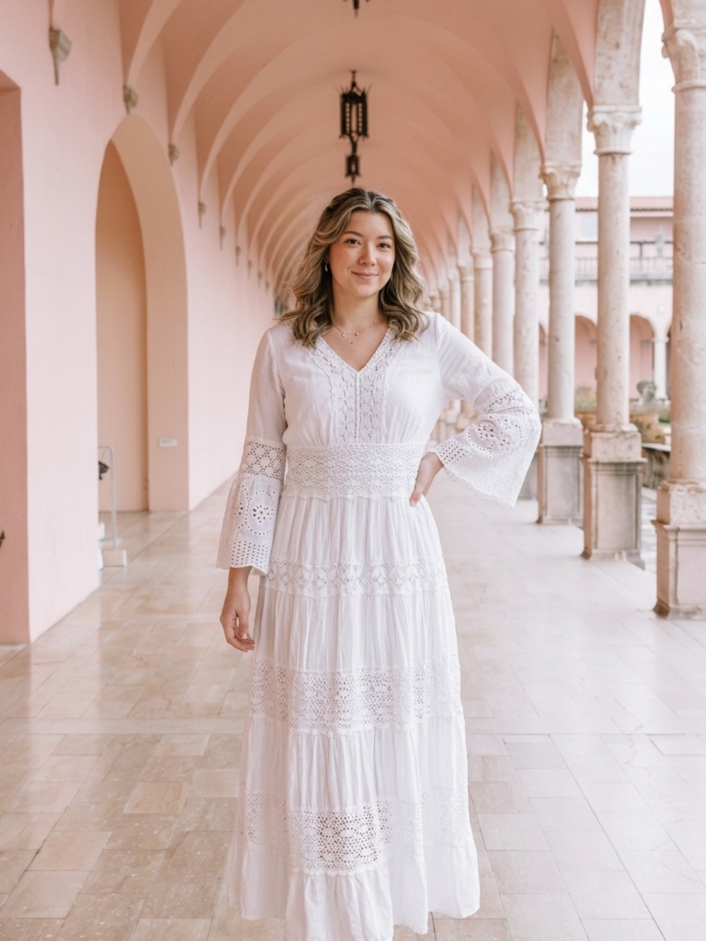 Beautiful Women’s NAOO White Eyelet Maxi Dress with V-Neck Size L
